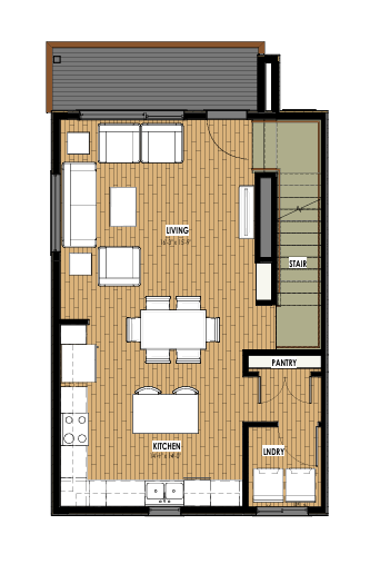 A floor plan of a house with a living room, kitchen, dining room, pantry, and staircase.